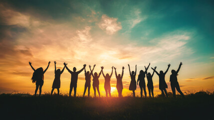 Group of friends celebrating together at sunset on a hilltop during warm evening hours with hands raised in joy