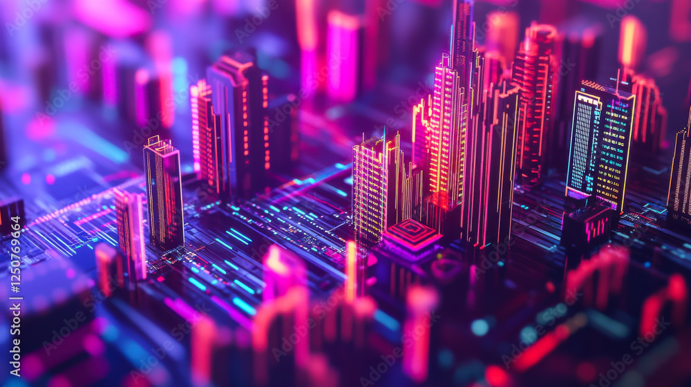 Poster colorful digital cityscape with data visualizations and financial graphs representing market trends 