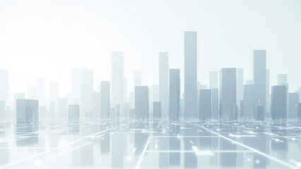 Futuristic cityscape abstract glass white minimalistic artwork on smooth, shiny, and reflective surface