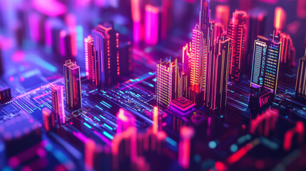 Colorful digital cityscape with data visualizations and financial graphs representing market trends in a futuristic setting