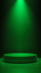 Vivid green spotlight shining down on a circular platform in a dark room, creating a dramatic stage-like atmosphere. Ideal for presentations, performances, or futuristic design themes