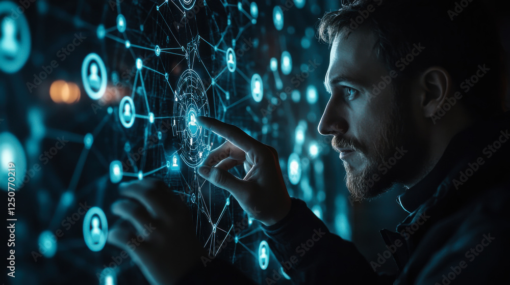 Poster person analyzing a complex network of data visualizations on a dark background in a modern workspace