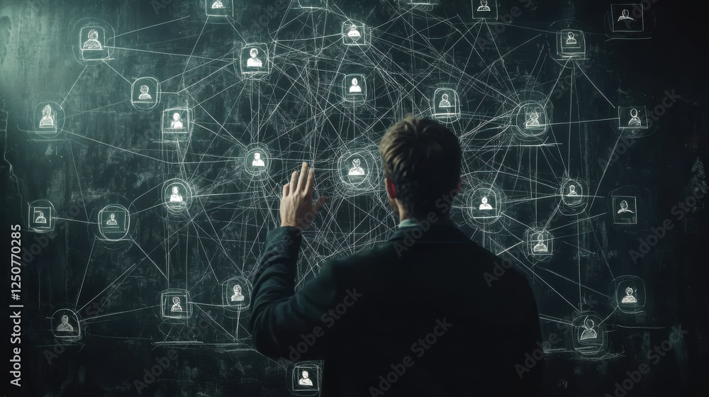 Poster person analyzing a complex network of data visualizations on a dark background in a modern workspace