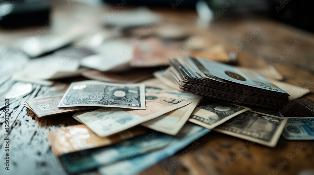 Poster scattered currency notes representing diverse monetary value and exchange : generative ai