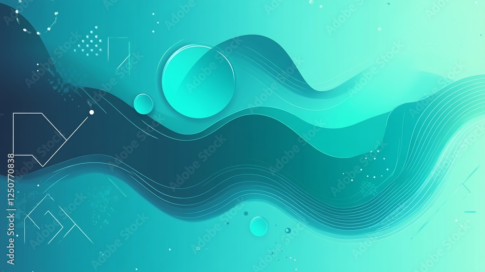 Poster abstract teal background with circles, lines and flowing wave shapes minimal graphic design