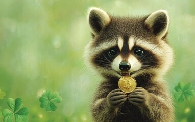 Fototapeta premium A curious raccoon holding a tiny golden coin with a mischievous grin for Saint Patricks Day, on a playful background