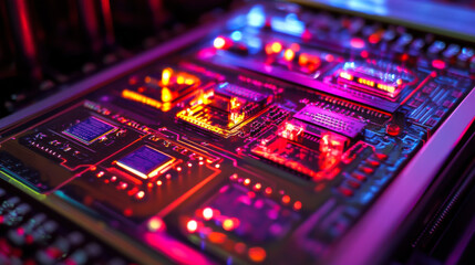 Colorful electronic circuit board with glowing components and intricate design in a dark setting