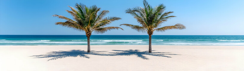 Fototapeta na wymiar Tropical beach palms, ocean waves, sunny day, travel poster