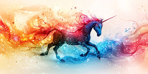 A vibrant digital painting of a unicorn galloping through a colorful, dreamlike landscape.