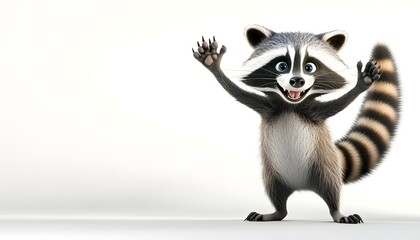 A Happy Cartoon Raccoon Waves Enthusiastically