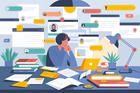 A person experiencing remote work burnout surrounded by digital notifications, conveying telework fatigue and overwhelming office environment.