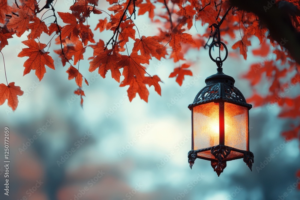 Poster glowing lantern hanging from autumn tree branch.