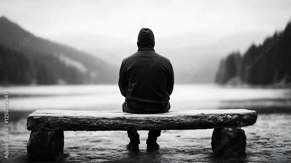 Poster person in a hoodie sitting on a log by a serene lake with mountains in black and white : generative 