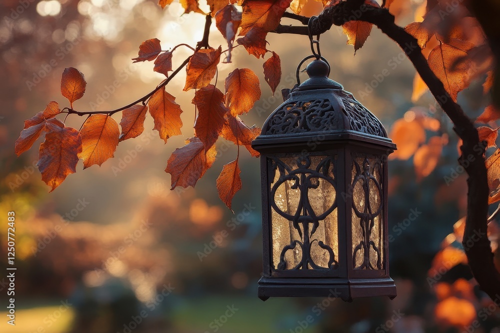 Poster autumnal lantern hanging from a tree branch, glowing softly in the warm sunlight.