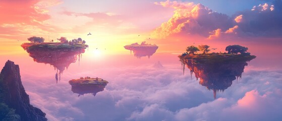 Surreal floating islands at sunset above the clouds with vibrant colors