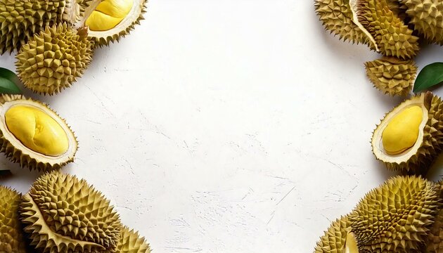 Ilustraci&oacute;n marco de fruta durian. Espacio de copia sobre fondo blanco. Miniaturas, banners.