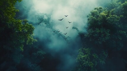 Fototapeta premium Mysterious forest scene, dense greenery shrouded in mist, evokes a sense of enchantment and exploration, ideal for storytelling.