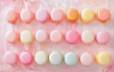 Obraz premium Delicate French macarons in pastel colors placed neatly on a soft pastel pink background