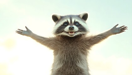 Fototapeta premium Happy Raccoon with Arms Outstretched Embracing the Day