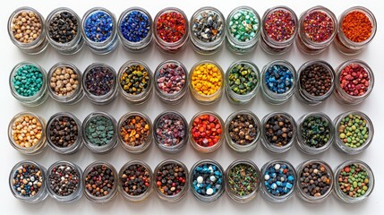 Colorful Assortment of Small Glass Jars Filled with Various Beads