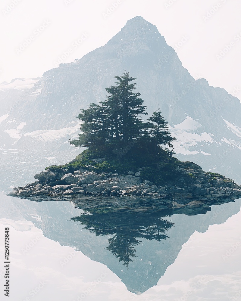 Aufkleber spray particle atmosphere concept, serene mountain reflection with island and trees in misty atmosph