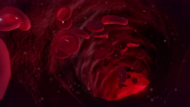 3D animation showcasing red blood cells flowing through a pulsating blood vessel. Use for medical, educational and health-related projects focusing on human anatomy and circulation, render 4k.