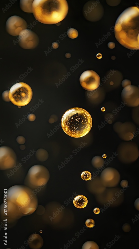 Poster spray particle atmosphere concept, floating golden bubbles on dark background with beautiful light r