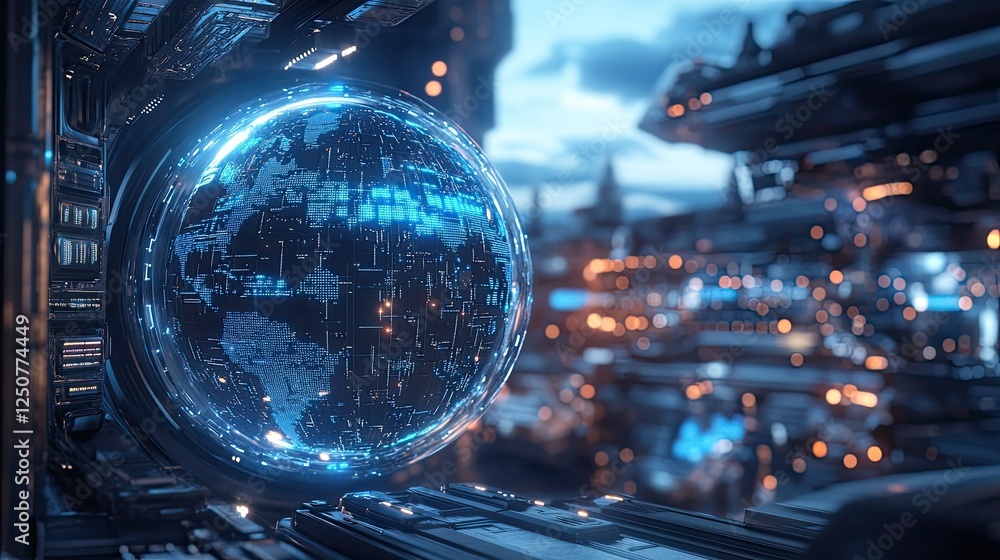 Poster futuristic 3d globe with digital data in a high-tech cityscape