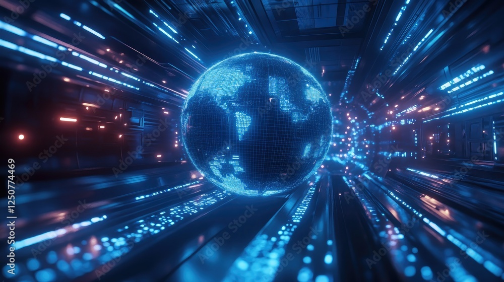 Poster futuristic digital globe surrounded by bright data streams
