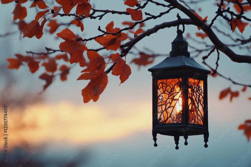 Poster illuminated lantern hanging from autumn branch at sunset.