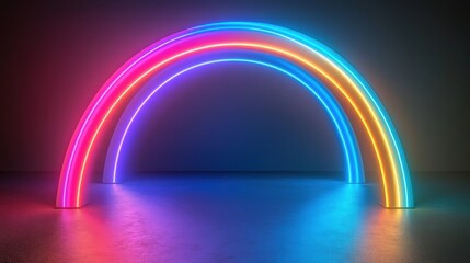 Colorful Neon Rainbow with Bright Glowing Arches in Dark Room