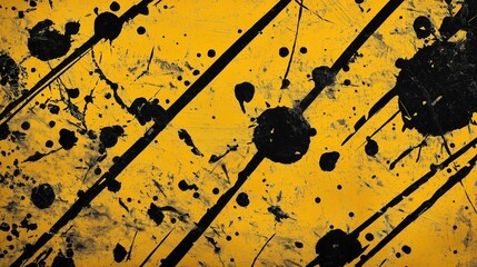Bold grunge abstract painting with black splatters on yellow background