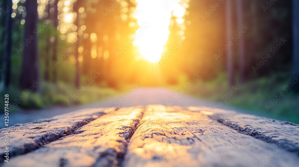 Poster serene forest landscape at sunset with glowing light through tall trees and wooden bench : generativ