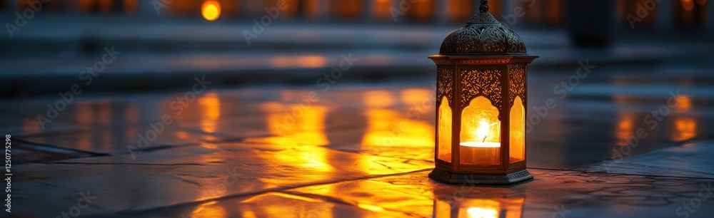 Poster illuminated lantern on wet stone surface at night.