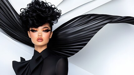 Avant Garde Fashion Photography Featuring a Model with Exaggerated Curly Hair Styled in Sculptural Shapes Bold Makeup and Futuristic Conceptual Background