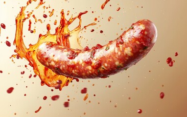 flying Italian sausage with splashes of marinara sauce on a pastel beige background