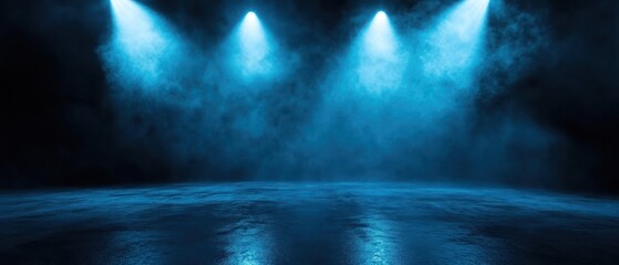 Blue-lit stage with fog creating a dramatic atmosphere for performances