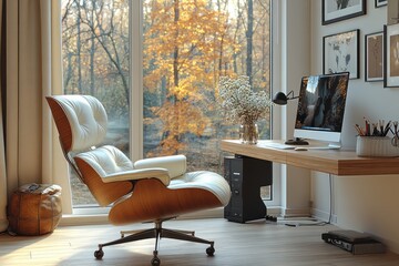 White leather lounge chair and desk with computer on it in a Scandinavian style home office 