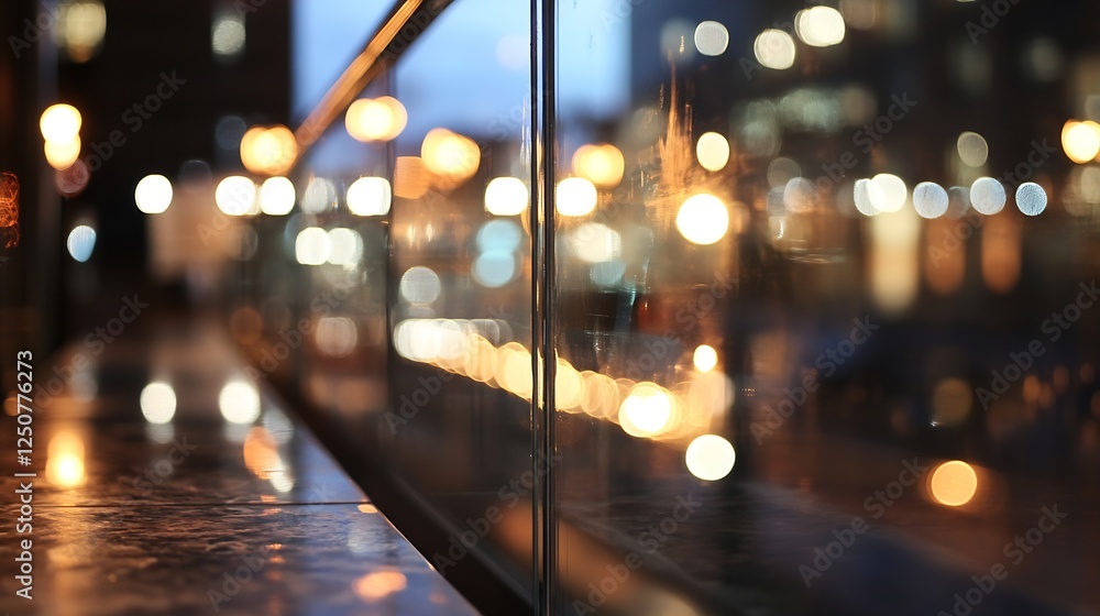 Poster Artful bokeh lights reflected in glass surface creating a magical atmosphere during evening hours : Generative AI