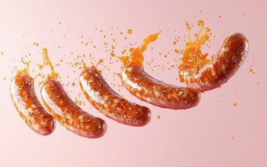 flying Polish sausage with splashes of sweet and sour glaze on a pastel pink background
