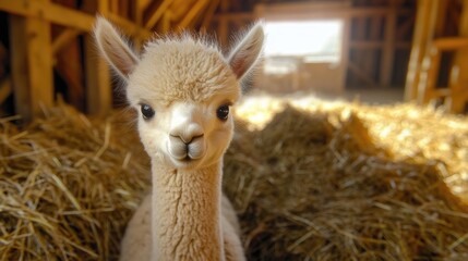 Adorable Baby Alpaca Peering Curiously from the Barn, Embraced by Nature's Charm