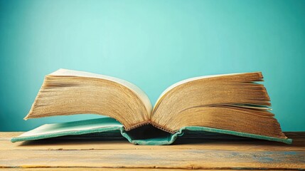 Vintage Open Book on Wooden Table with Soft Blue Background