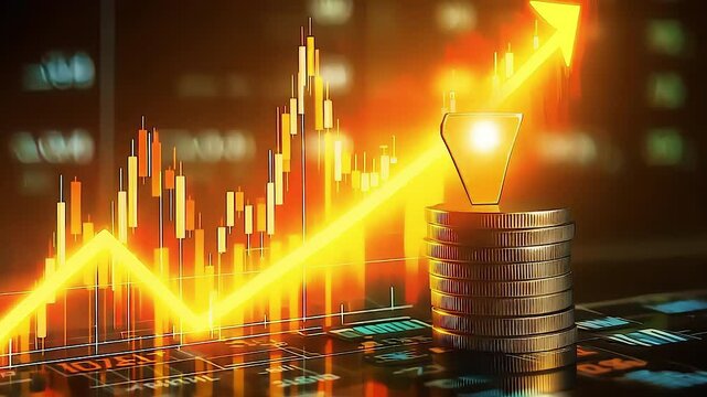 Golden coins stacking around golden house figurine with rising yellow arrow highlighting financial growth, investment success, and positive market trend