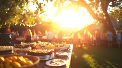 Beautiful Outdoor Dinner Party with Sunset and Delicious Dishes