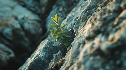 Obraz premium Young plant holding onto a rugged stone cliffside, symbolizing resilience, growth, and nature's perseverance in challenging environments