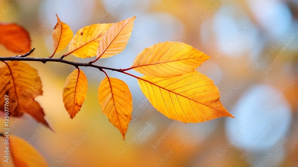 Poster vibrant autumn leaves displaying rich yellow and orange hues against a softly blurred background : g