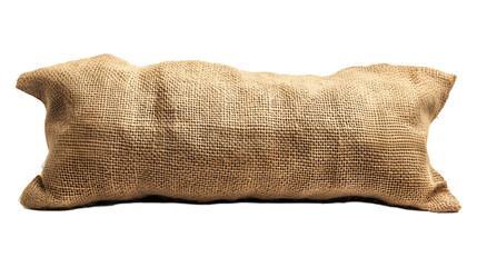 Burlap sack filled with an unknown material, featuring a rough woven texture and natural brown color.