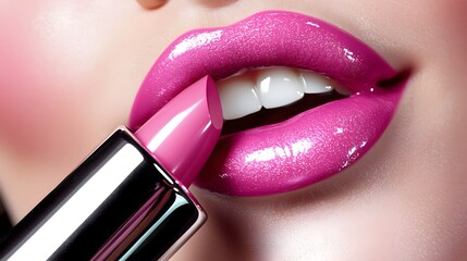 Obraz premium Closeup of a feminine hand applying a glossy pink lipstick on full soft lips against a pastel hued background creating a visually captivating 3D with a high end luxurious aesthetic