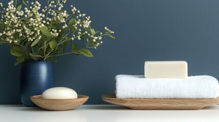 Elegant White Soap Bar with Lathering Foam on Chic Wooden Soap Dish Surrounded by Soft Cotton Towels on a Pristine White Table