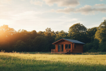 Fototapeta premium Cozy Wooden Cabin in a Lush Green Landscape